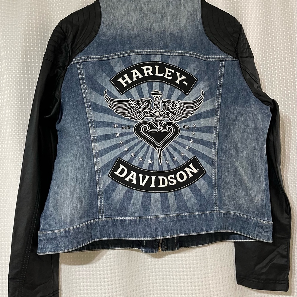 Women’s Harley-Davidson Blue Denim and Black Pleather Sleeved Jacket